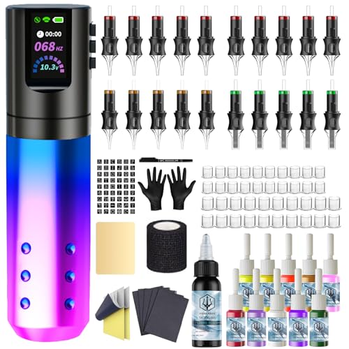 POSEIDON Wireless Tattoo Maschinen Set mit 20 Tattoo-Kartuschennadeln, Tintenset & Akkus | Professionelles Tattoo-Gerät für Anfänger | Komplettes Starter-Set (HM132)