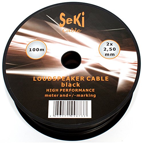 SeKi Lautsprecherkabel Schwarz 2x 2,50mm² – 100 Meter Spule | CCA-Kupfer Boxenkabel für klaren Sound bei HiFi, Heimkino und Car-HiFi mit Polaritätskennzeichnung