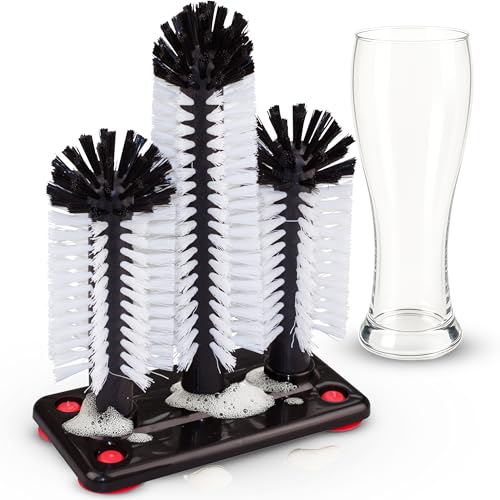 Novaliv Gläserspüler mit 3 Spülbürsten & Saugnapf, Glasspüler für Zuhause Bar Theke Gastronomie Party, Spül Bürste Spülbecken Gläserbürste Glasbürste Bier Soda Glas Gläser Reinigung