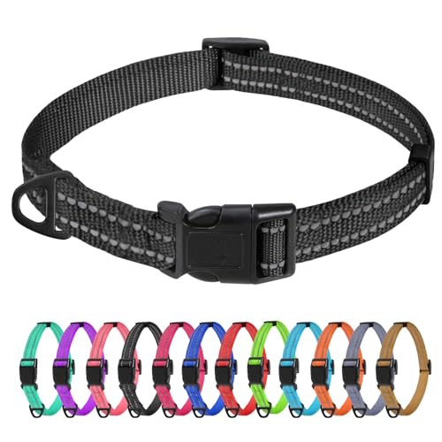 TagME Nylon Hundehalsband, Verstellbares Reflektierendes Hundehalsband mit Sicherheitsschnalle für Extra Kleine Hund, Schwarz, 1.5cm Breite