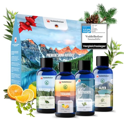 Veddelholzer BIO Saunaaufguss aus 100% naturreinen ätherischen Ölen 4 x 100 ml verschiedene Saunaöle Saunaduft Sauna Zubehör als Geschenkset alles in einem Set