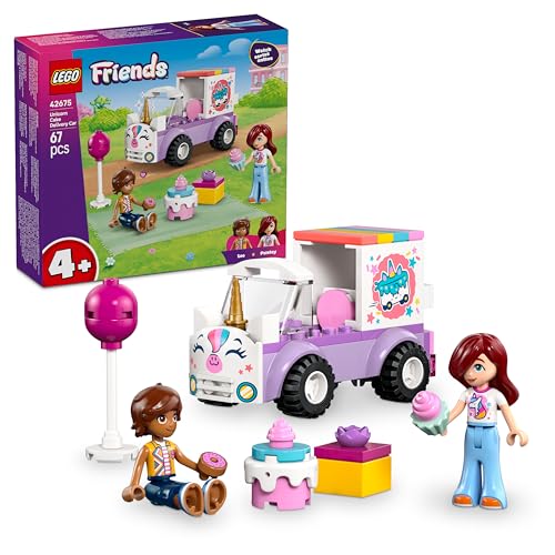 LEGO Friends Einhorn-Kuchenlieferwagen - Lernspielzeug zur Förderung der Feinmotorik mit 2 Mini Puppen & Geburtstagsfeier Zubehör - Geschenkidee für Mädchen ab 4 Jahren - 42675