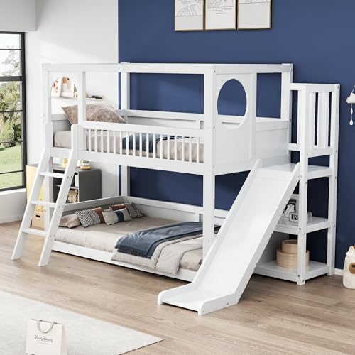 Merax Etagenbett 90x200cm mit Rutsche, Kinderbett mit Regal & Sicherheitsleiter, Hochbett mit Stauraum, für Jungen, Mädchen, Weiß (Ohne Matratze)