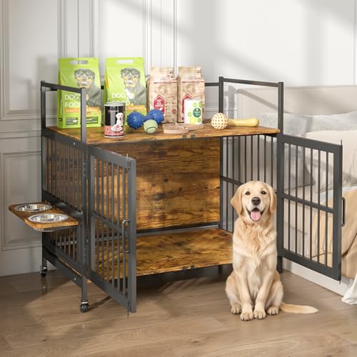 Hundekäfig Möbel mit Lagerregal 99x58x96,5 cm – Multifunktionale Hundebox Möbel mit Rollen, 360° drehbaren Näpfen, Stabiler Hundeschrank für große und mittlere Hunde