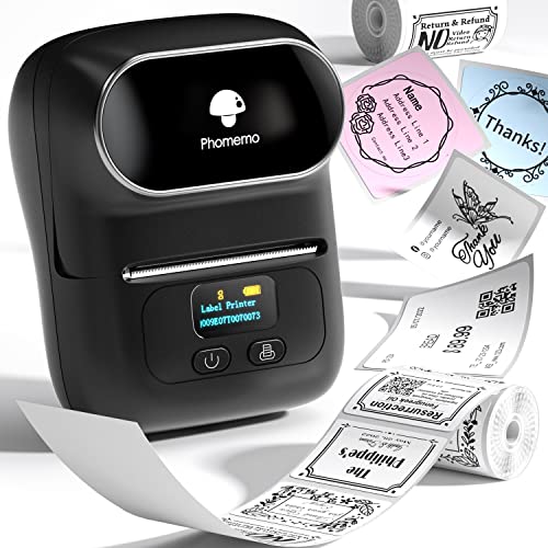 Phomemo M110 Etikettendrucker Bluetooth, Tragbarer Etikettendrucker Selbstklebend, Thermo Label Printer für Barcode, Einzelhandel, Büro, Schule, Kompatibel mit Telefonen und PC-System - Schwarz