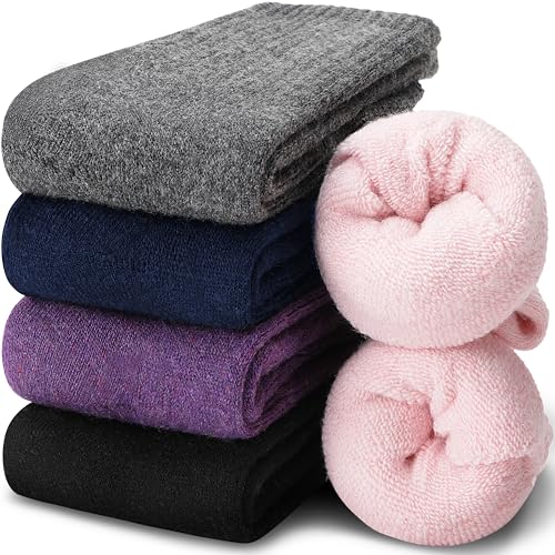 EBMORE Damen Wollsocken Merino Warme Wolle Socken Dicke Wandersocken Thermosocken Wintersocken Geschenke für Damen 5 Paar(Lila/Rosa/Blau/Grau/Schwarz)