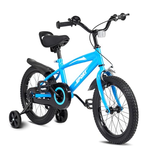 Kinderfahrrad 14 Zoll, Fahrrad für Jungen und Mädchen mit Stützrädern, stabilem Rahmen, verstellbarem Sitz, Rücktritt- und Handbremse, geeignet für Fahrer von 94 bis 107 cm (Blau)