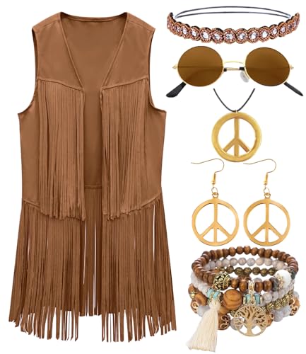 kasahara Hippie Kostüm Damen, 60er 70er Jahre Hippie Kleidung Fransenweste Hippie Accessoires Stirnband Brille Kette Armband für Schlagermove Faschingskostüme Festival Outfit