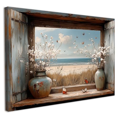 Galmcook Leinwand Bilder mit Rahmen – Wandbild 30x40 cm Fensterblick auf Strand, Kunstdruck auf Leinwand, Bilder für Wohnzimmer oder Schlafzimmer, Wandbilder Modern mit Haken und ohne Spuren Nägeln