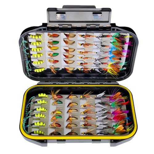 Qitewwrme Fliegenfischen Fliegen Kit, 72 Pcs, 6 Gemischte Stile, Trockene/Nasse Fliegen, Streamer, Forellenangeln mit Box