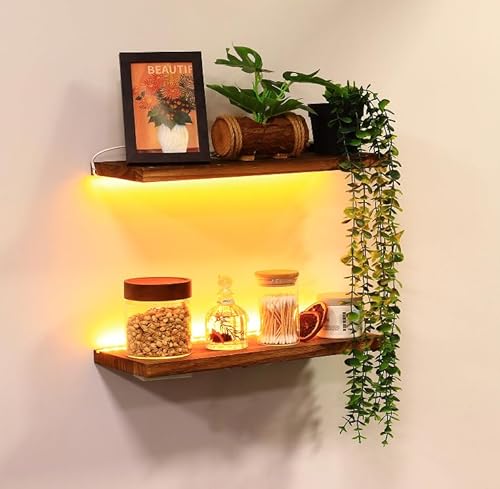 HanYun 2 Stück Wandregal Floating mit LED Lichterkette, Regal Wand Schweberegal Holz Board Regalbrett Hängeregal Moderne dekorative Regalbrettmit für Wohnzimmer, Schlafzimmer, Küche, Büro