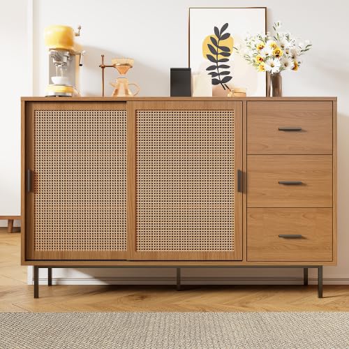 Merax Sideboard – Stabiler Kommodenschrank mit Rattan-Schiebetüren und 3 Schubladen, Viel Stauraum, Tragfähigkeit bis 80 kg, Kippsicherung – 140 cm, Natural