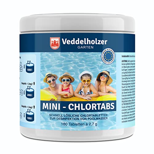 Veddelholzer 180 Mini Chlortabletten. Schnelllösliche Chlortabs für Pool, Aufstellpool, Planschbecken, Gartenpool, Kinderpools & Whirlpool Wasserpflege. Pool Zubehör Poolreinigung & Desinfektion