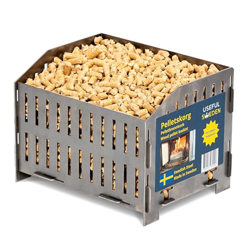 USEFUL SWEDEN Pelletbrennkorb – Verbrennen von Holzpellets im Holzofen oder im offenen Kamin, Schwedischer Stahl, 17,7 x 24,0 x 17,0 cm Tiefe x Breite x Höhe, 2kg, Notfall Camping Ofen