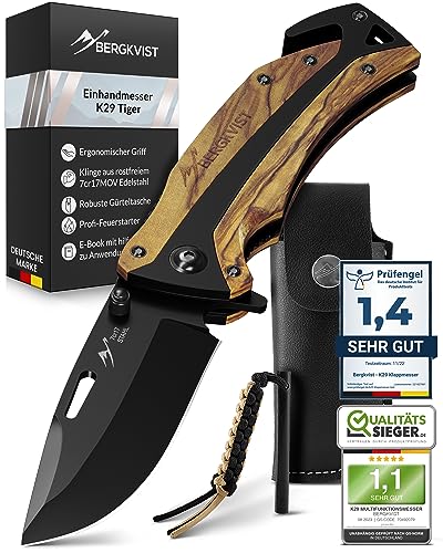BERGKVIST® K29 Klappmesser Tiger (Einhandmesser) - 3-in-1 Taschenmesser aus Echtholz für Outdoor, Camping & Survival - ausgezeichnet mit dem Bronze A' Design Award 2021 - inkl. Feuerstahl & Tasche