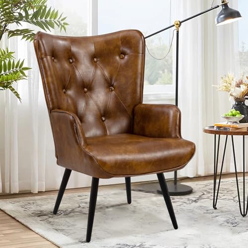 Ckaff Ohrensessel Sessel Wohnzimmer, Skandinavischer Stil Relaxsessel PU-Kunstleder mit Hoher Rückenlehne Loungesessel Polstersessel fürs Wohnzimmer Schlafzimmer Arbeitszimmer Gästezimmer, Braun