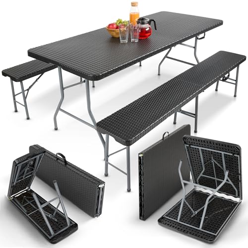 Arebos Bierzeltgarnitur 3-teilig Set Tisch + 2 x Bank | Festzeltgarnitur für drinnen - draußen | Biertisch Set | Zusammenklappbar & mit Tragegriff Campingtisch | Rattan-Look Schwarz