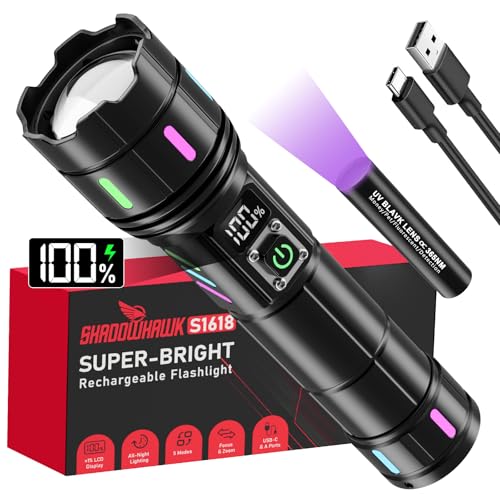 Shadowhawk Taschenlampe Led Aufladbar 500000 Lumen | Extrem Hell Taktische 12H Laufzeit taschenlampen mit 5000mAh Akku, IP67 USB C+A Flashlight für Outdoor/Camping/Wandern, Zoom & LCD-Display, 5 Modi