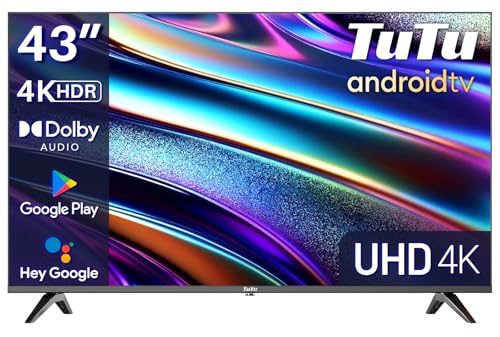 TuTu TUS43UQ1A Smart TV 43 Zoll (108 cm) 4K UHD LED Fernseher Android TV mit WLAN, HDR, Triple Tuner DVB-C/S/S2/T/T2, Bluetooth, Prime Video, Netflix, YouTube, DAZN, Disney+