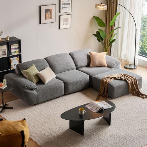 LINSY HOME Ecksofa mit Schlaffunktion - 290cm Corduroy Modulares Schlafsofa, L-Form Couch inkl. Ottomane, Ideal zum Gemütlichen Lümmeln, Keine Montage Erforderlich (Grau)