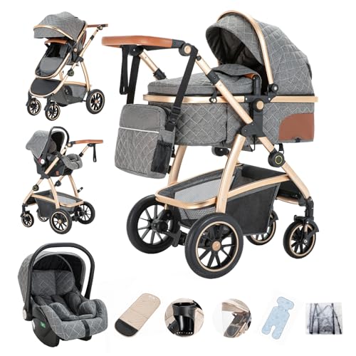 Gcarebb 3 in 1 Kinderwagen, Buggy Mit Auto Babyschale, Mit Höhenverstellbarer Kinderwagen Komplettset, KombiKinderwagen Mit Aluminiumrahmen für Neugeborene 0-4 Jahre