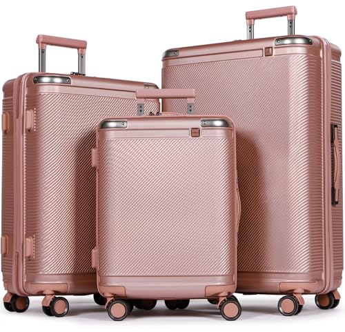Koffer Set 3-teilig, Hartschalen Kofferset mit TSA-Zahlenschloss, Reisekoffer mit Verstellbarem Teleskopgriff, 3 Stück Gepäckset, Trolley, Koffer Groß, Luggage Set für Damen & Herren, Roségold