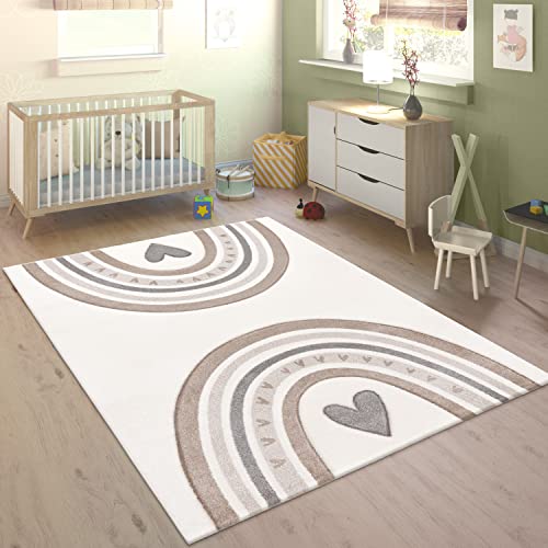 Paco Home Teppich Kinderzimmer Kinderteppich Junge Mädchen Pastell 3D Effekt Modern Regenbogen Herz Beige Creme Grau, Grösse:80x150 cm