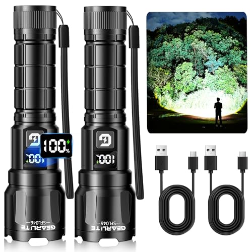 GEARLITE Taschenlampe LED Aufladbar, 3 Lichtmodi 6000LM Superhelle Zoombares Taschenlampen mit LCD Batterie Display, IP65 Wasserdichte & XHP70.2 Taktische Handlampe für Camping Angeln Wandern, Notfäll