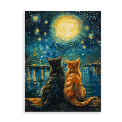 Dazzlewall Sternennacht Mit Katzen Wandbilder, Vintage Katze Ölgemälde Leinwand Bilder für Schlafzimmer Wohnzimmer Deko 30×40 cm Ungerahmt
