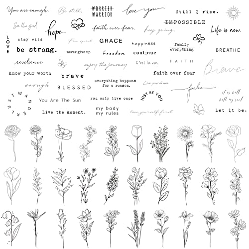 Esland Realistische Temporäre Tattoos 60 Blatt Winzige Kleine Abnehmbare , 30 Stück Inspirierende Zitate Worte, 30 Stück Wilde Blumen Ink Line Botanische Blumenblätter Tattoo Aufkleber