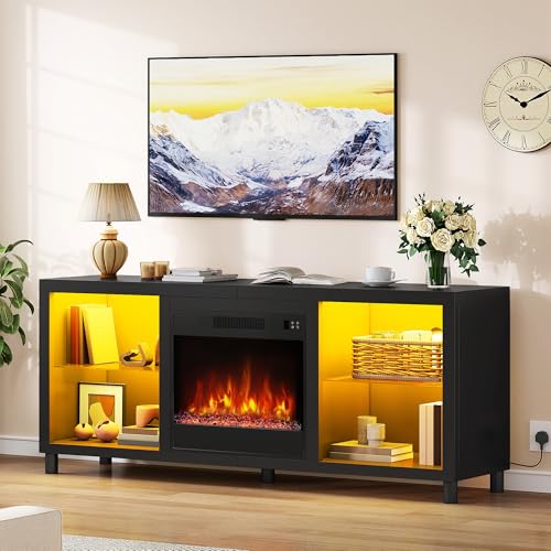 YITAHOME 148cm TV Schrank mit Elektrokamin, Elektrischer Kamin mit Heizung, LED 3D-Flammeneffekt, Lowboard Sideboard mit Elektrokamin 1800W Leistung, Timer, Thermostat, Fernbedienung