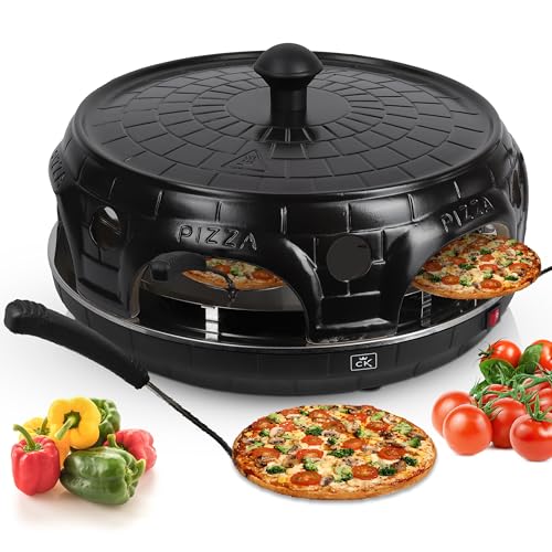 CuisineKing Mini Pizzaofen 6 Personen - Pizzaofen Elektrisch & Portabel mit 6 Edelstahlspateln & Teigausstecher - Handgefertigter Terrakotta Dom - Schnelle & Einheitliche Erhitzung, Leichte Reinigung