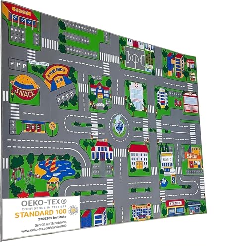 Entrando Spielteppich Straße 100x150 cm - Auto Teppich für Kinderzimmer mit Straßen & Häusern - Rutschfester Kinder Teppich schadstofffrei - ideal für kleine Autofans & Kleinkinder