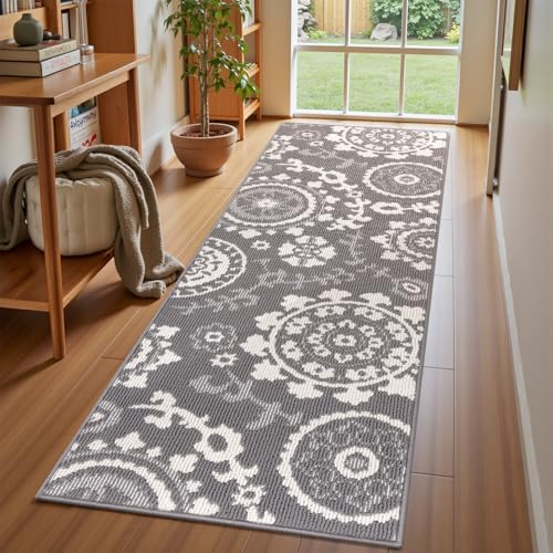 Homodeco Langer Teppich Läufer Flur rutschfest, Kurzflor Schlingenflor Flurteppich Läufer Lang Flurläufer Modern, Küchenteppich Waschbar, Teppichläufer für Flur, Wohnzimmer, Küche, Grau, 60 x 180 cm