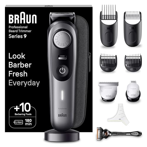 Braun Barttrimmer Series 9, Elektrischer Bartschneider Herren mit 10 Barber-Tools, Ultrascharfe ProBlade Klinge, 180 Min Akkulaufzeit, Kabelloser Bartrasierer, 40 Längen, Wasserdicht, BT9420, Grau