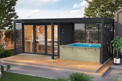 CHILLROI Saunahaus XL mit Anbaudach und Minipool Außensauna inkl. Ofen u. Saunasteinen