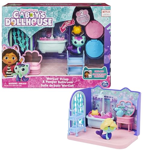 Gabby‘s Dollhouse Deluxe Raum, Primp and Pamper Bathroom, Badezimmer mit Meerkätzchen (engl. MerCat), 3 Möbelstücken und 2 Überraschungsboxen mit Zubehörteilen, geeignet für Kinder ab 3 Jahren