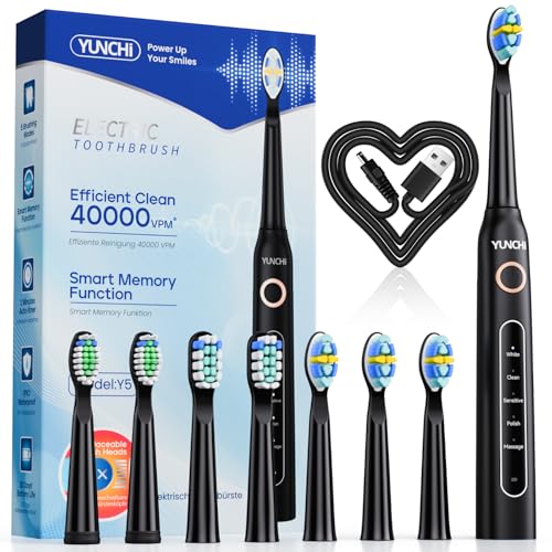 Y5 Elektrische Zahnbürste, wiederaufladbar, Schallzahnbürste mit 8 Bürstenköpfen, 40.000 VPM, intelligenter Timer, 5 Reinigungsmodi, halten 30 Tage (Schwarz)