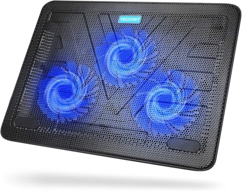 TECKNET Laptop Kühlpads, Laptop Kühler für 12-17 Zoll, Cooling Pad Notebook Cooler Ständer Kühlpad Kühlmatte, 2 USB-Ports, 3 Lüfter mit LEDs(Blau+Schwarz)