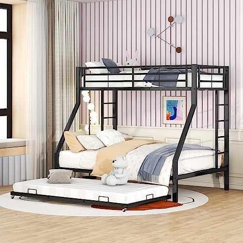 Etagenbett, Metallbett mit ausziehbarem Bett,mit Leiter auf beiden Seiten für Kinder, Jugendliche, Erwachsene, 90(140) x200cm, (schwarz)