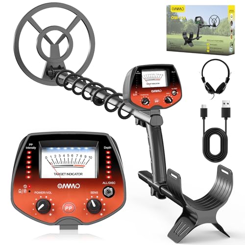 OMMO Metalldetektor Profi für Erwachsene & Kinder, USB Wiederaufladbarer Pinpointer Metalldetektor, 3 Modi, Hochpräzisions, IP68 wasserdichte Suchspule, Metalldetektoren Set mit Kopfhörer, Orange