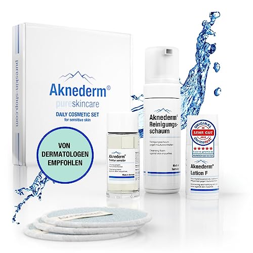 aknederm Daily Cosmetics Set für sensible Haut - Set mit Tinktur sensitiv/Reinigungsschaum/Lotion & Reinigungspads - natürliches Skincare Set gegen Pickel - ideal zur Akne Behandlung 230ml
