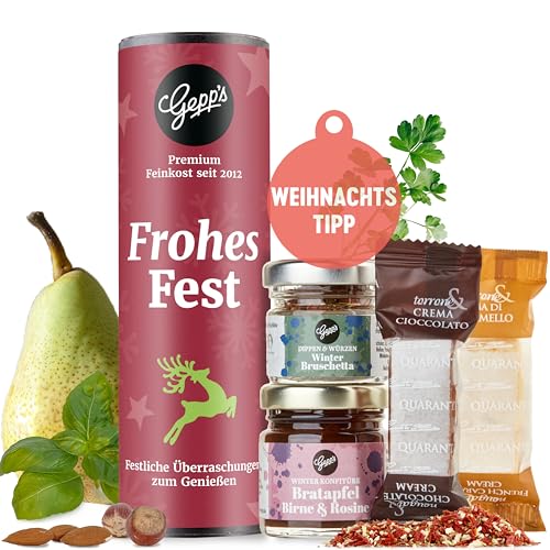 Gepp’s Feinkost Weihnachts-Geschenk „Mini Frohes Fest“ I Geschenkset Weihnachten mit winterlich-süßen Delikatessen I Mit Bratapfel Konfitüre, Winter Bruschetta, Dark Nougat & Cuneesi Nocciola