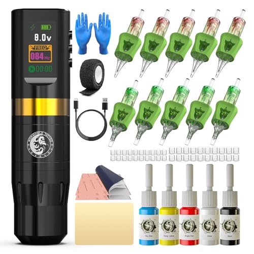 Wormhole Tattoo Maschine Set Kabellose Tattoo Set mit Tattoo Stifte 10 Tattoo Farbe 10 Cartridges Komplettes für Anfänger Oder Professionelle Tattoo-Künstler WTK313