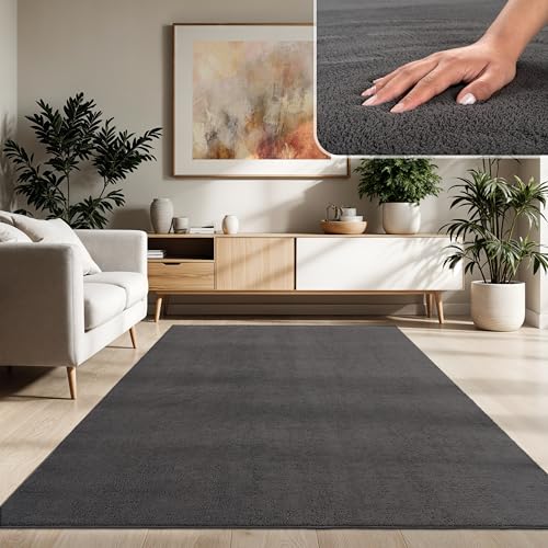 Paco Home Moderner Kuscheliger Wohnzimmer Teppich Kurzflor waschbar flauschig Weich Einfarbig Felloptik zeitlos stilvoll rutschfest pflegeleicht, Grösse:160x220 cm, Farbe:Anthrazit