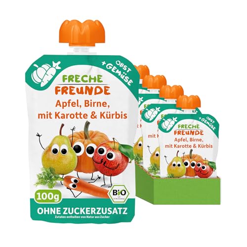 FRECHE FREUNDE Bio Quetschie Apfel, Birne, Karotte & Kürbis, Fruchtmus mit Gemüse im Quetschbeutel für Babys ab dem 6. Monat, vegan, 6er Pack (6 x 100g)