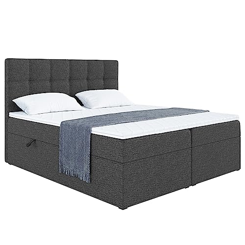 MEBLINI Boxspringbett mit Bettkasten - Gepolstert Doppelbett mit Matratze und Topper - Polsterbett mit Stauraum - Bett mit Kopfteil - Stauraumbett - NILS - 140x200 - H3/Dunkelgrau Webstoff