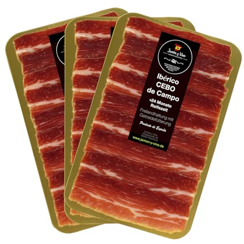 3x150g Iberico Schinken Reserva Cebo de Campo | +24 Monate gereift | Freilandhaltung | in Scheiben geschnitten | lagenweise durch Folie getrennt