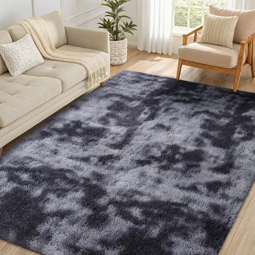 smiry Hochflor Teppich Wohnzimmer, Waschbar Anti-Rutsch Moderner Flauschiger Kuscheliger Teppich für Wohnzimmer Deko, Schlafzimmer, Kinderzimmer, 160 x 220 cm, Hellgrau