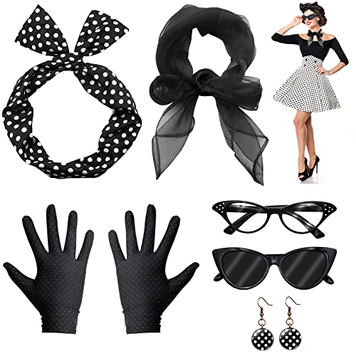 VEGCOO 6 Teiliges Rockabilly Accessoires Damen,50er Jahre Kostüm Damen Vintage Kleidungszubehör einschließlich Stirnband Handschuhe Brillen Requisiten Set (Schwarz)